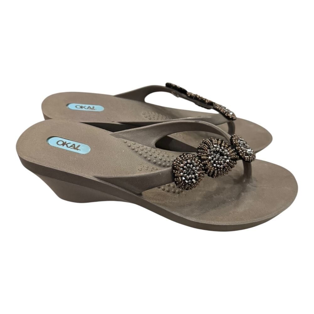 Oka-B Rhinestone Beaded Design Wedge Flip Flop Slide Sandals M 8.5 - 9.5
